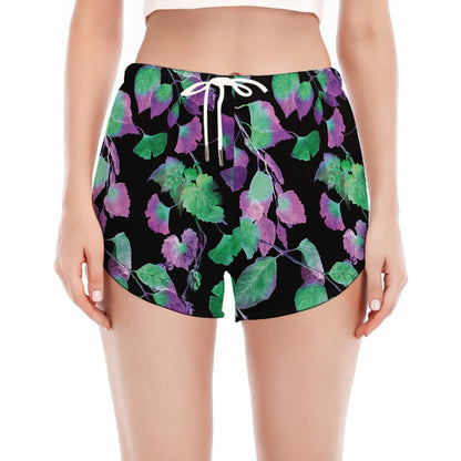 Purple And Green Leaf Pattern Print Women's Split Running Shorts