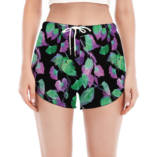 Purple And Green Leaf Pattern Print Women's Split Running Shorts