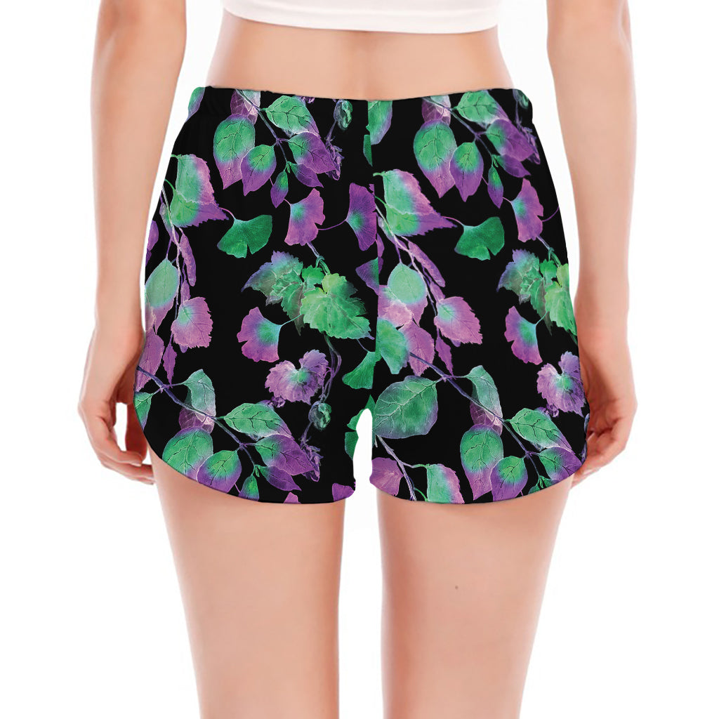 Purple And Green Leaf Pattern Print Women's Split Running Shorts
