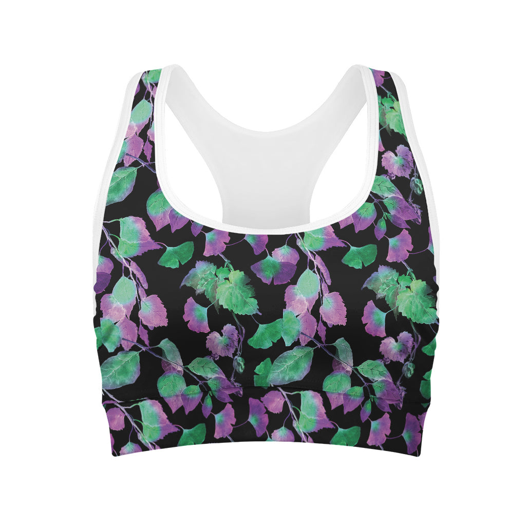 Purple And Green Leaf Pattern Print Women's Sports Bra