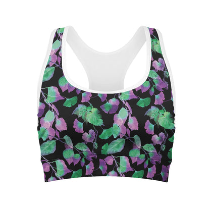 Purple And Green Leaf Pattern Print Women's Sports Bra