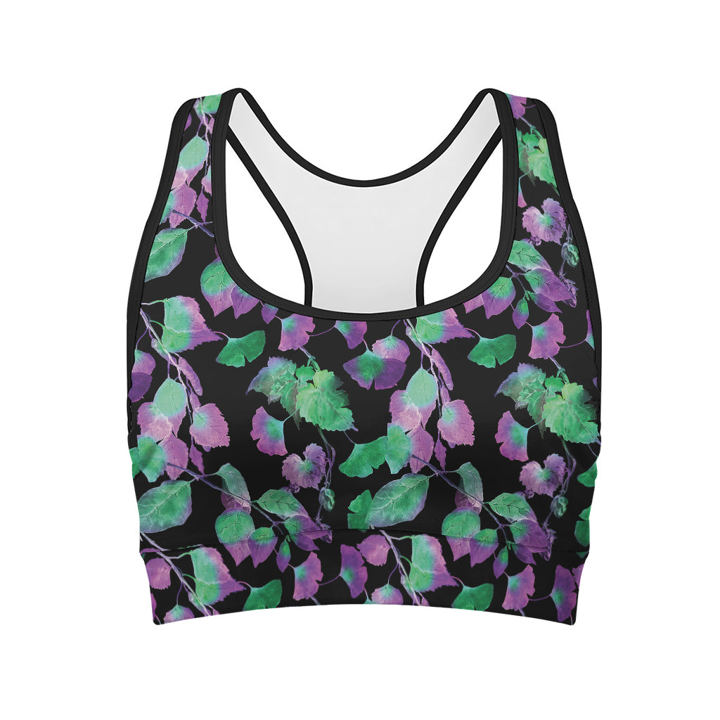 Purple And Green Leaf Pattern Print Women's Sports Bra