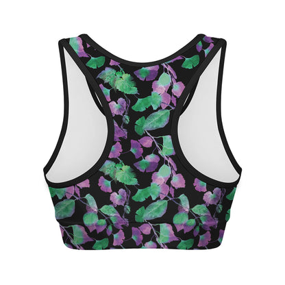Purple And Green Leaf Pattern Print Women's Sports Bra
