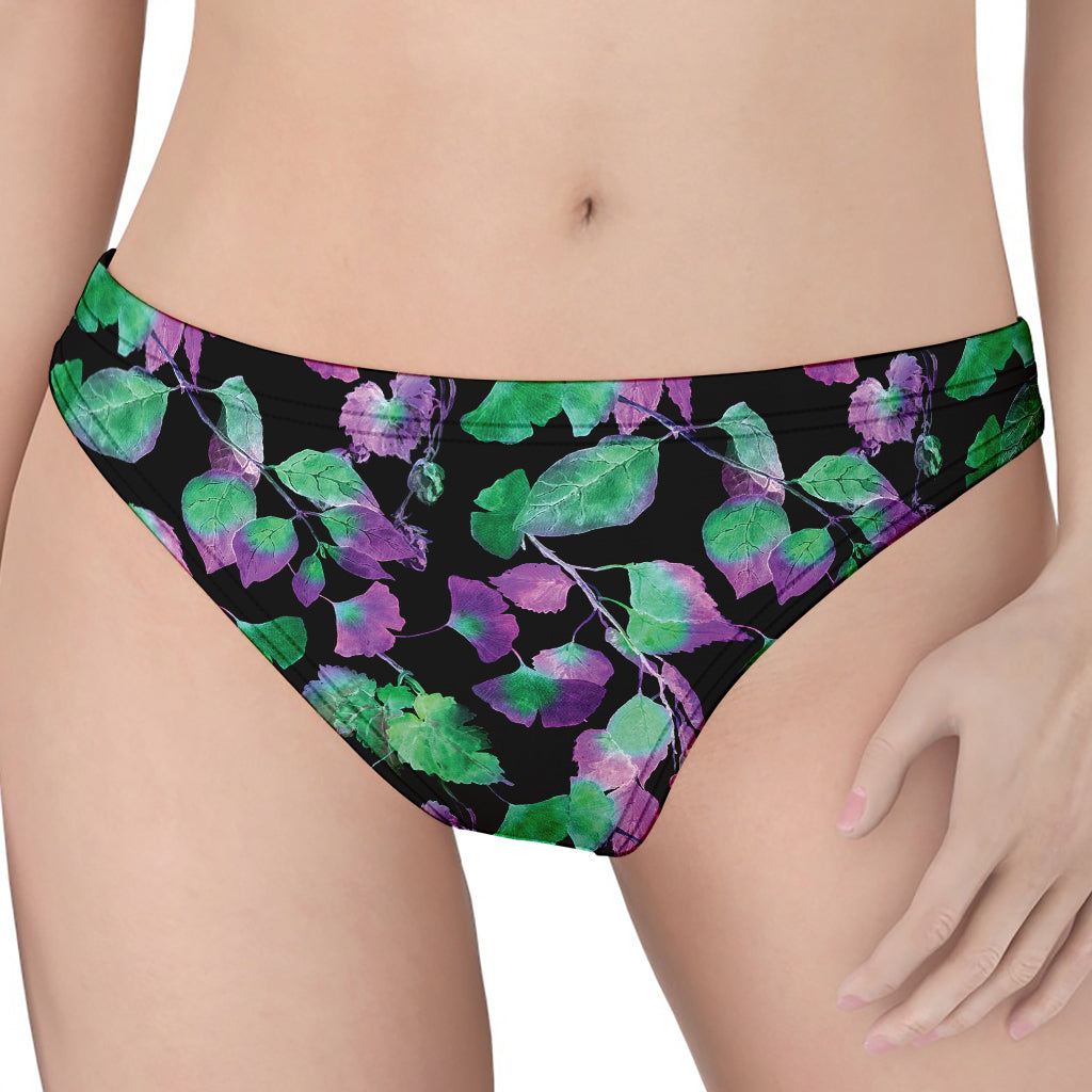 Purple And Green Leaf Pattern Print Women's Thong