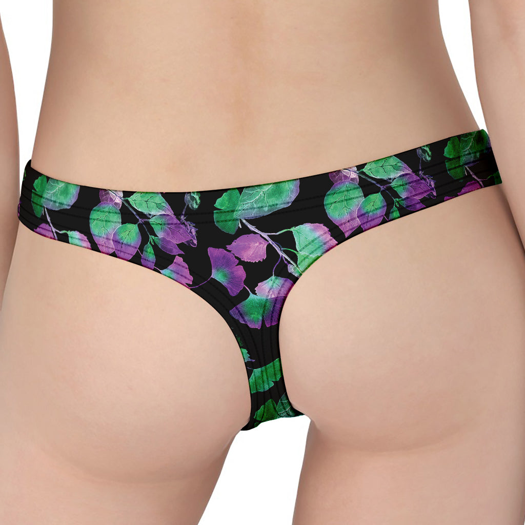 Purple And Green Leaf Pattern Print Women's Thong