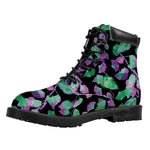 Purple And Green Leaf Pattern Print Work Boots