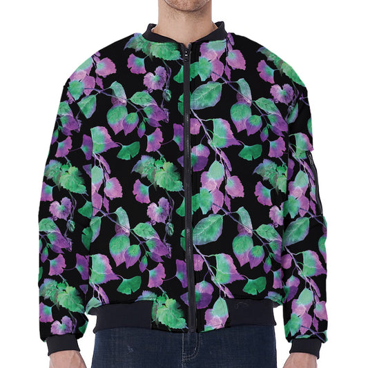 Purple And Green Leaf Pattern Print Zip Sleeve Bomber Jacket