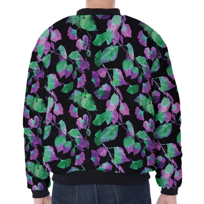 Purple And Green Leaf Pattern Print Zip Sleeve Bomber Jacket