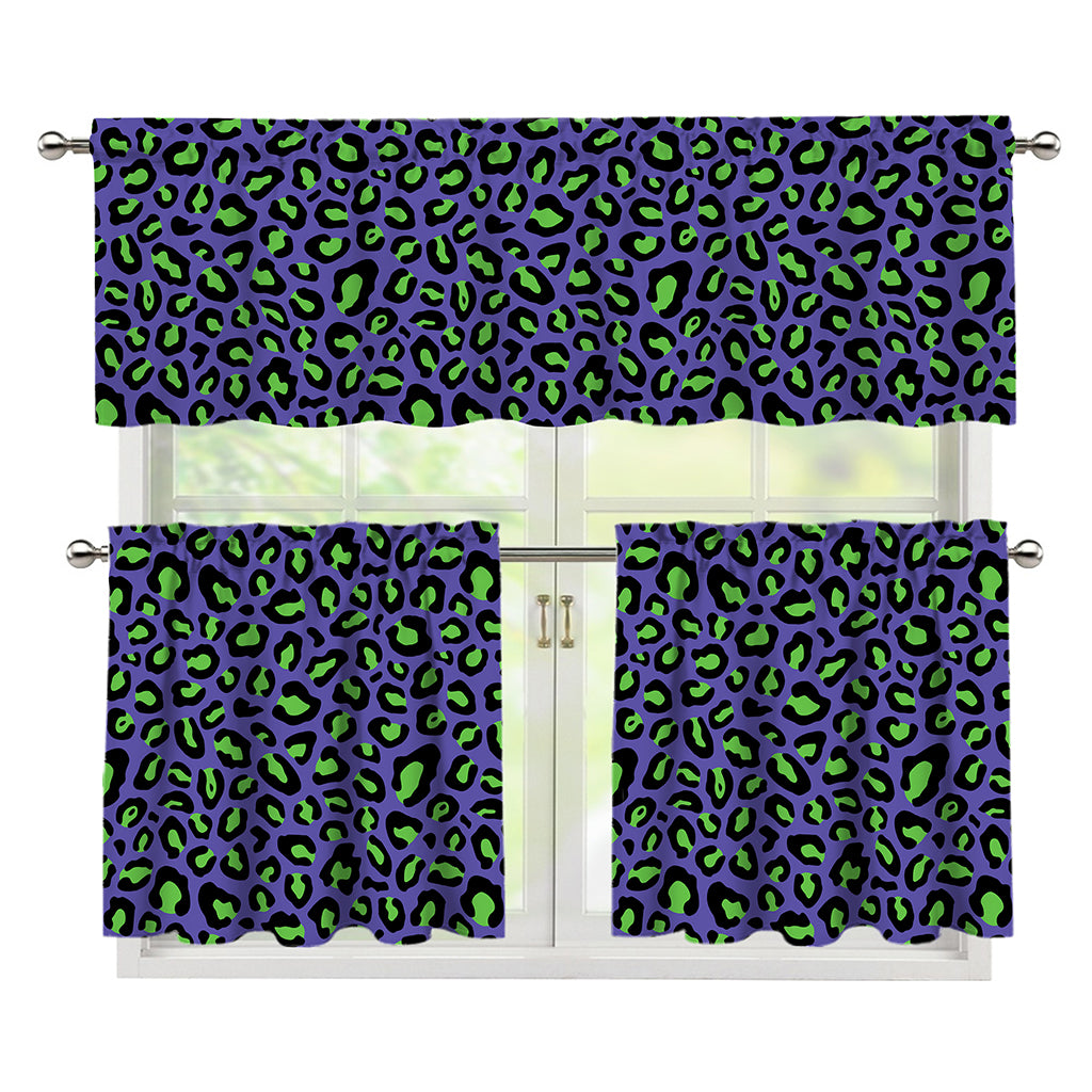Purple And Green Leopard Pattern Print 3 Piece Kitchen Curtains