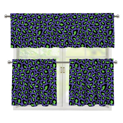 Purple And Green Leopard Pattern Print 3 Piece Kitchen Curtains