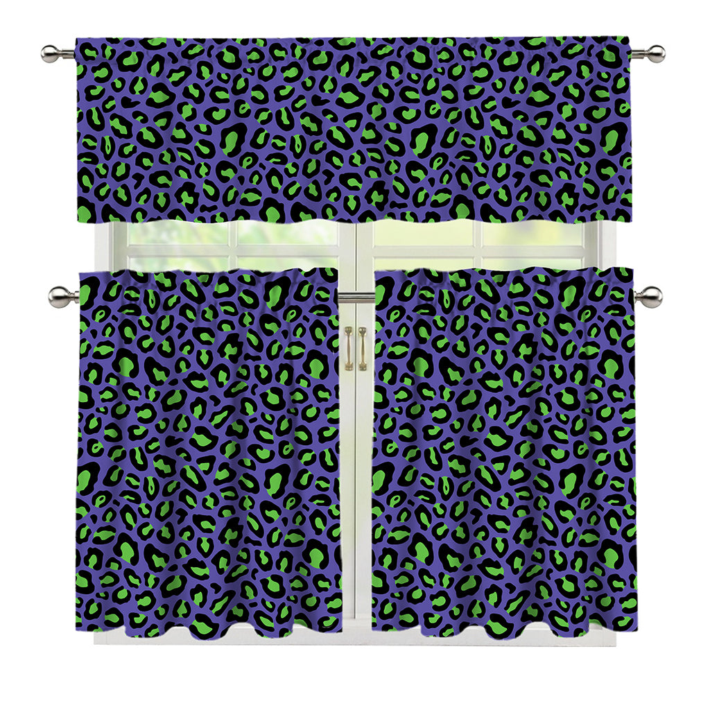 Purple And Green Leopard Pattern Print 3 Piece Kitchen Curtains