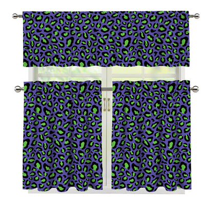 Purple And Green Leopard Pattern Print 3 Piece Kitchen Curtains