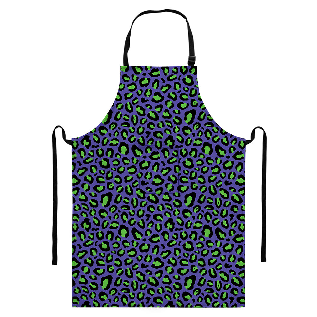Purple And Green Leopard Pattern Print Bib Apron With Pocket