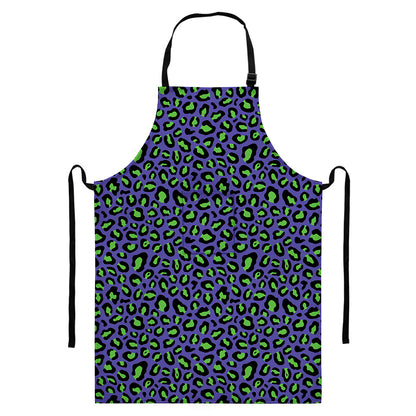 Purple And Green Leopard Pattern Print Bib Apron With Pocket