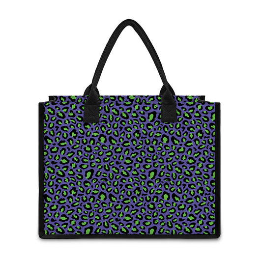 Purple And Green Leopard Pattern Print Canvas Tote Bag