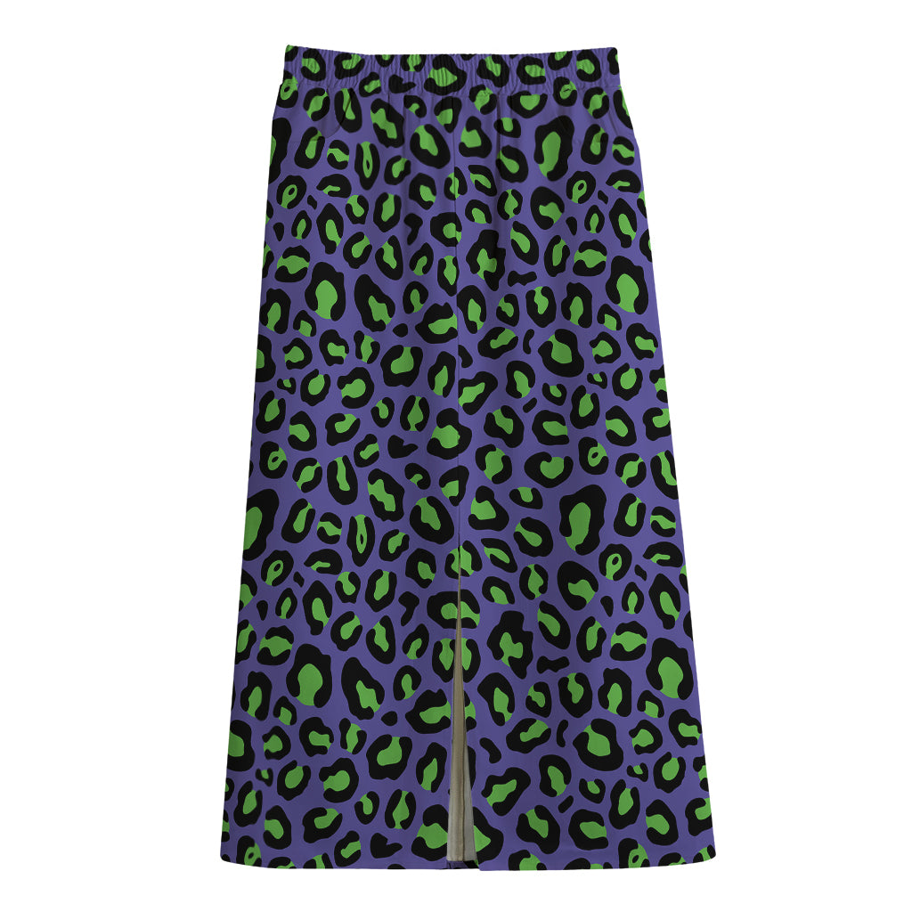 Purple And Green Leopard Pattern Print Cotton Front Slit Maxi Skirt