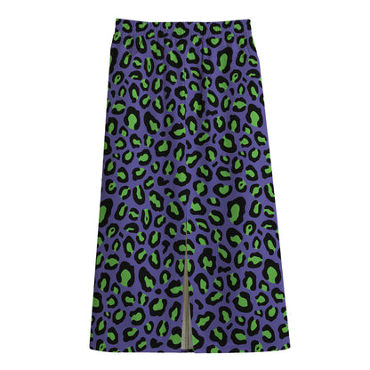 Purple And Green Leopard Pattern Print Cotton Front Slit Maxi Skirt