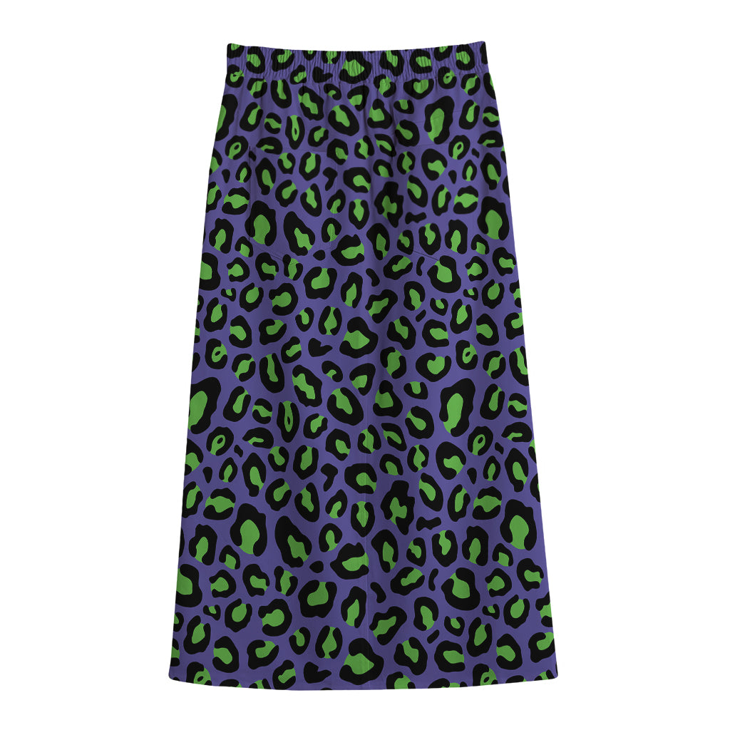 Purple And Green Leopard Pattern Print Cotton Front Slit Maxi Skirt