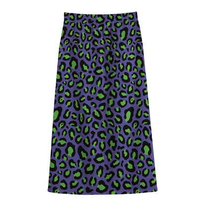 Purple And Green Leopard Pattern Print Cotton Front Slit Maxi Skirt