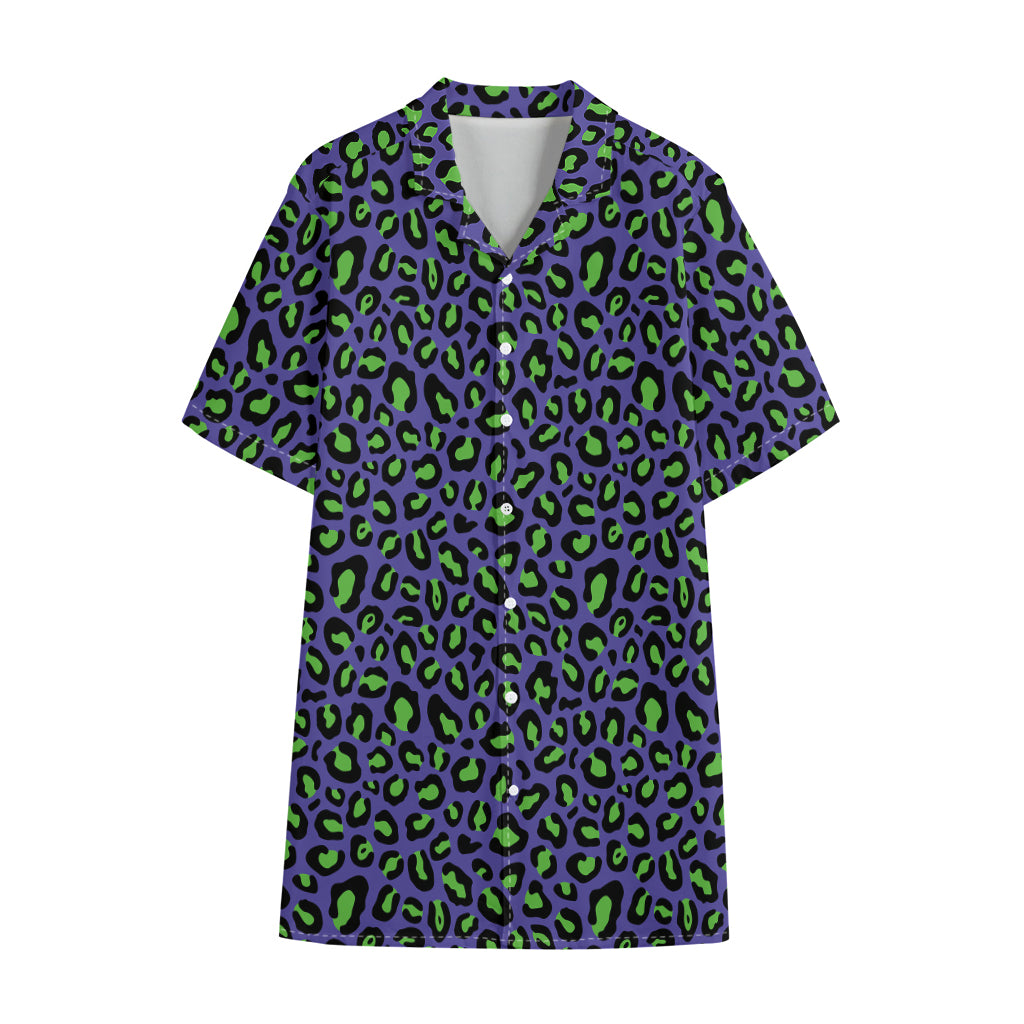Purple And Green Leopard Pattern Print Cotton Hawaiian Shirt
