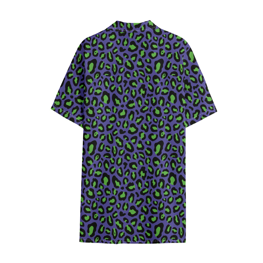 Purple And Green Leopard Pattern Print Cotton Hawaiian Shirt