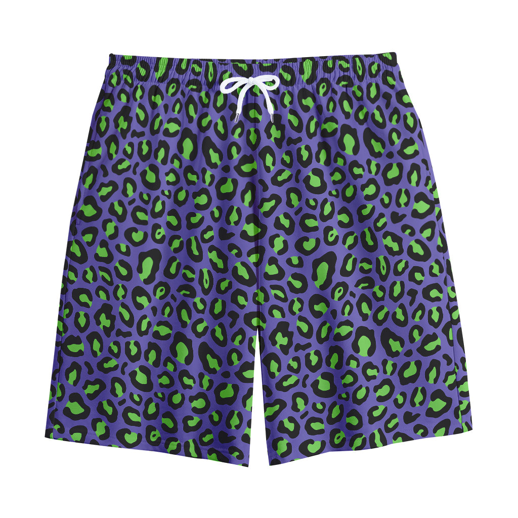 Purple And Green Leopard Pattern Print Cotton Shorts