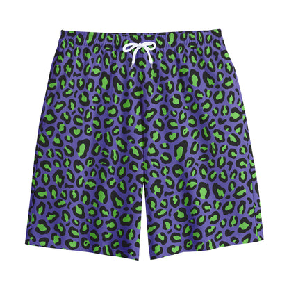 Purple And Green Leopard Pattern Print Cotton Shorts