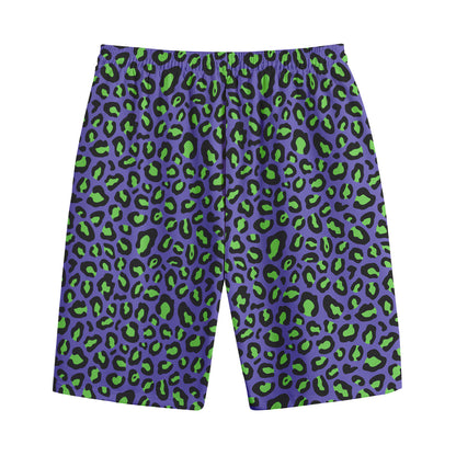 Purple And Green Leopard Pattern Print Cotton Shorts