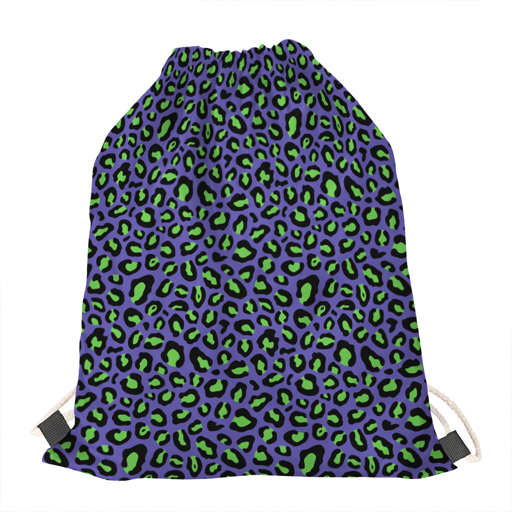Purple And Green Leopard Pattern Print Drawstring Bag