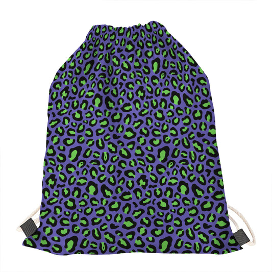 Purple And Green Leopard Pattern Print Drawstring Bag