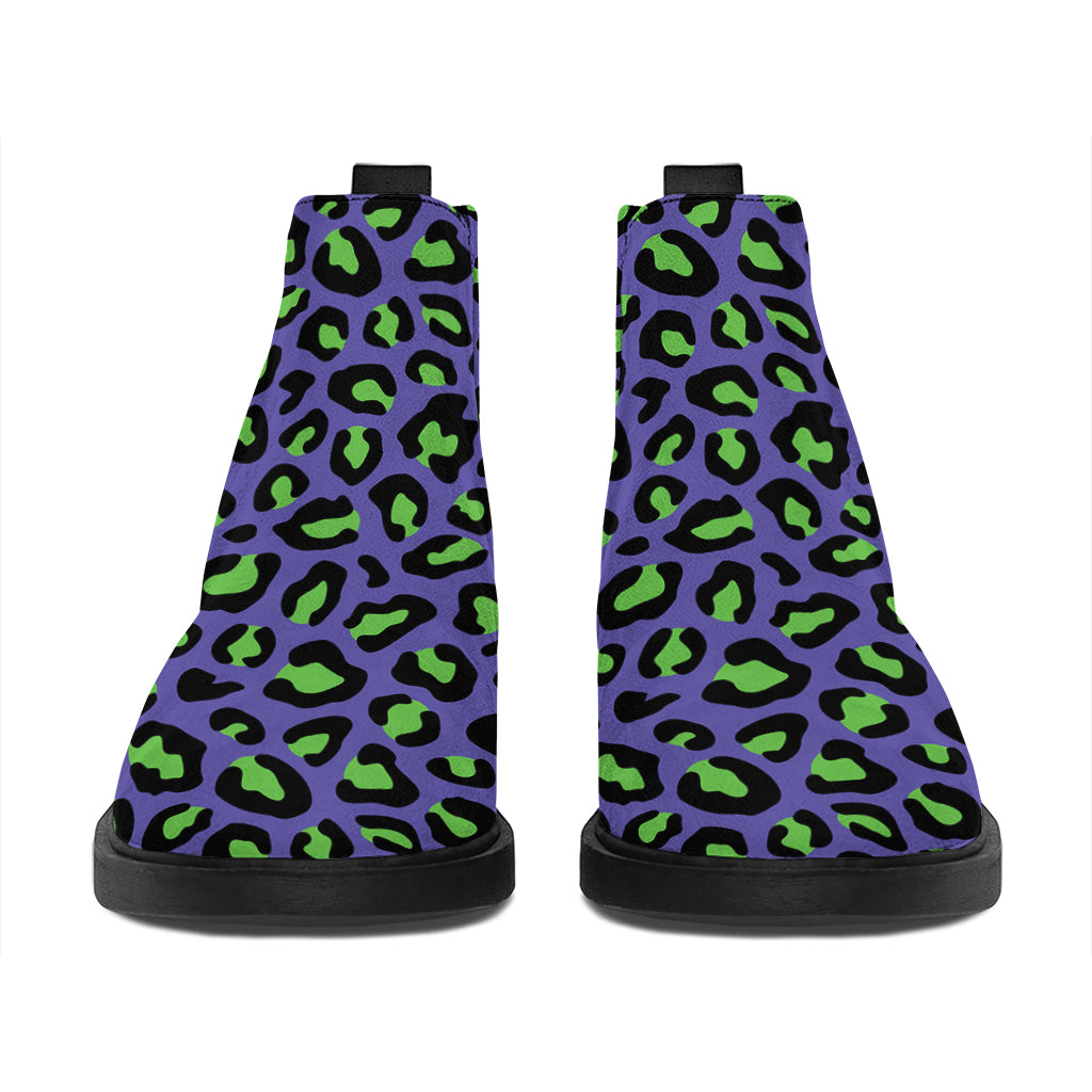 Purple And Green Leopard Pattern Print Flat Ankle Boots