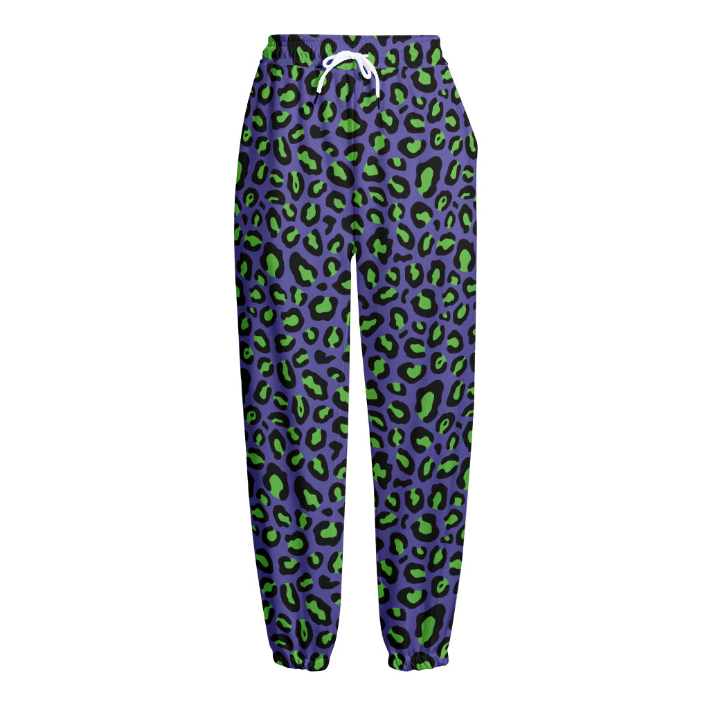 Purple And Green Leopard Pattern Print Fleece Lined Knit Pants