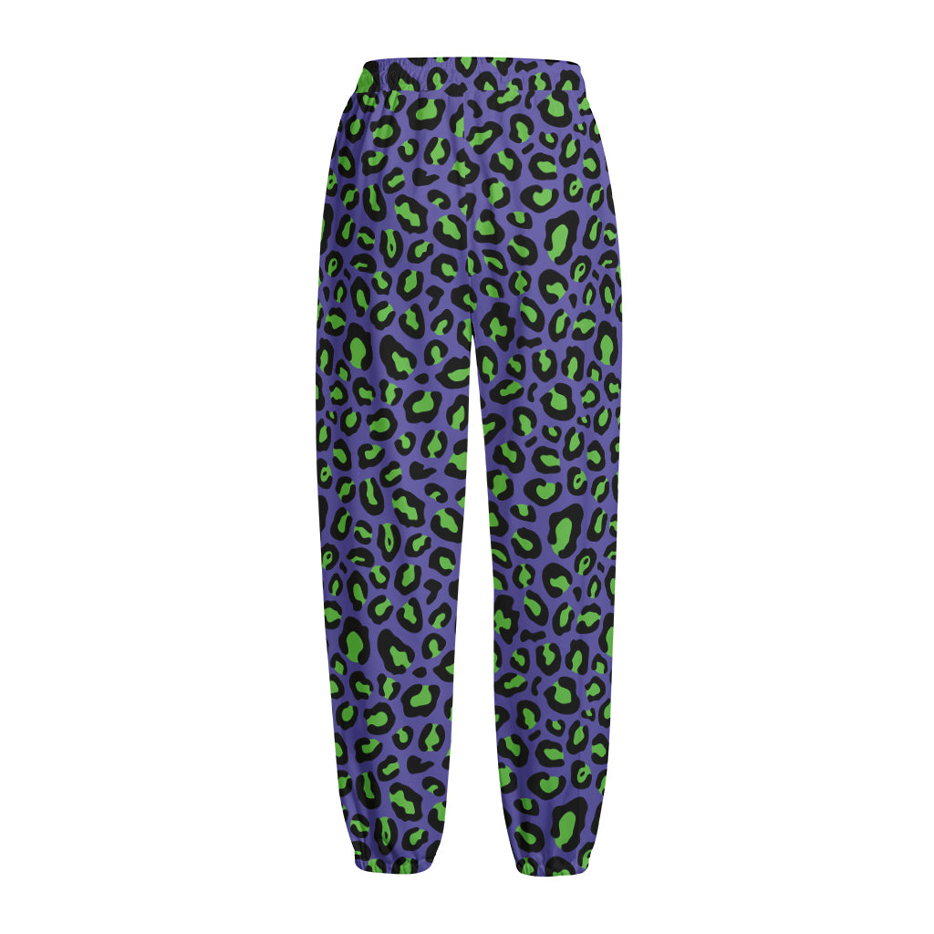 Purple And Green Leopard Pattern Print Fleece Lined Knit Pants