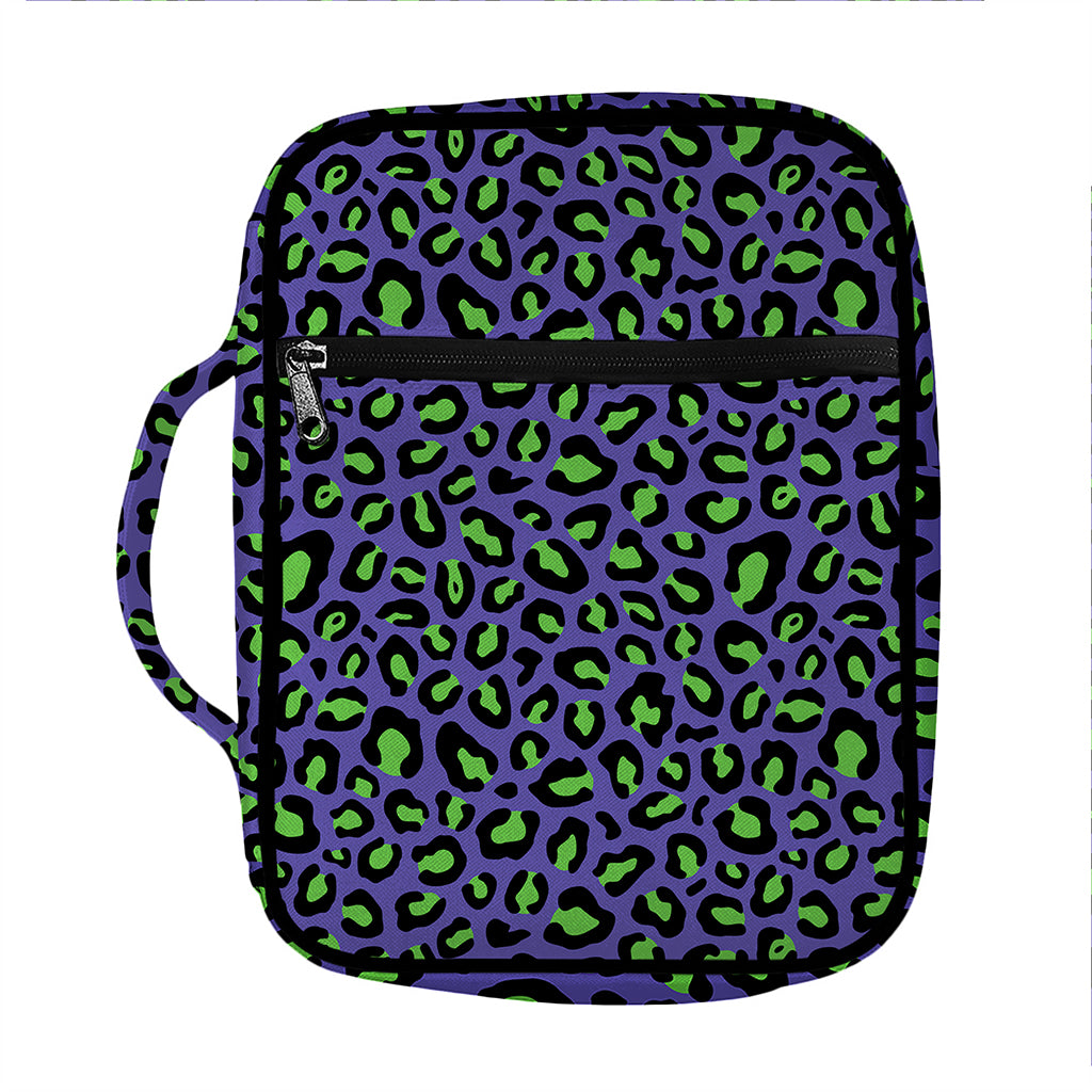 Purple And Green Leopard Pattern Print Front Pocket Bible Bag