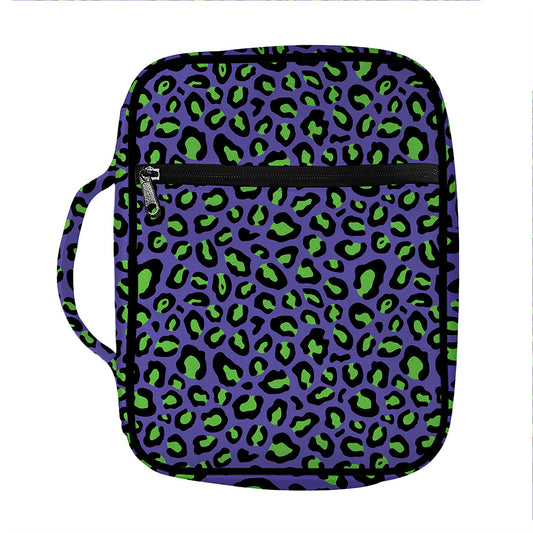 Purple And Green Leopard Pattern Print Front Pocket Bible Bag