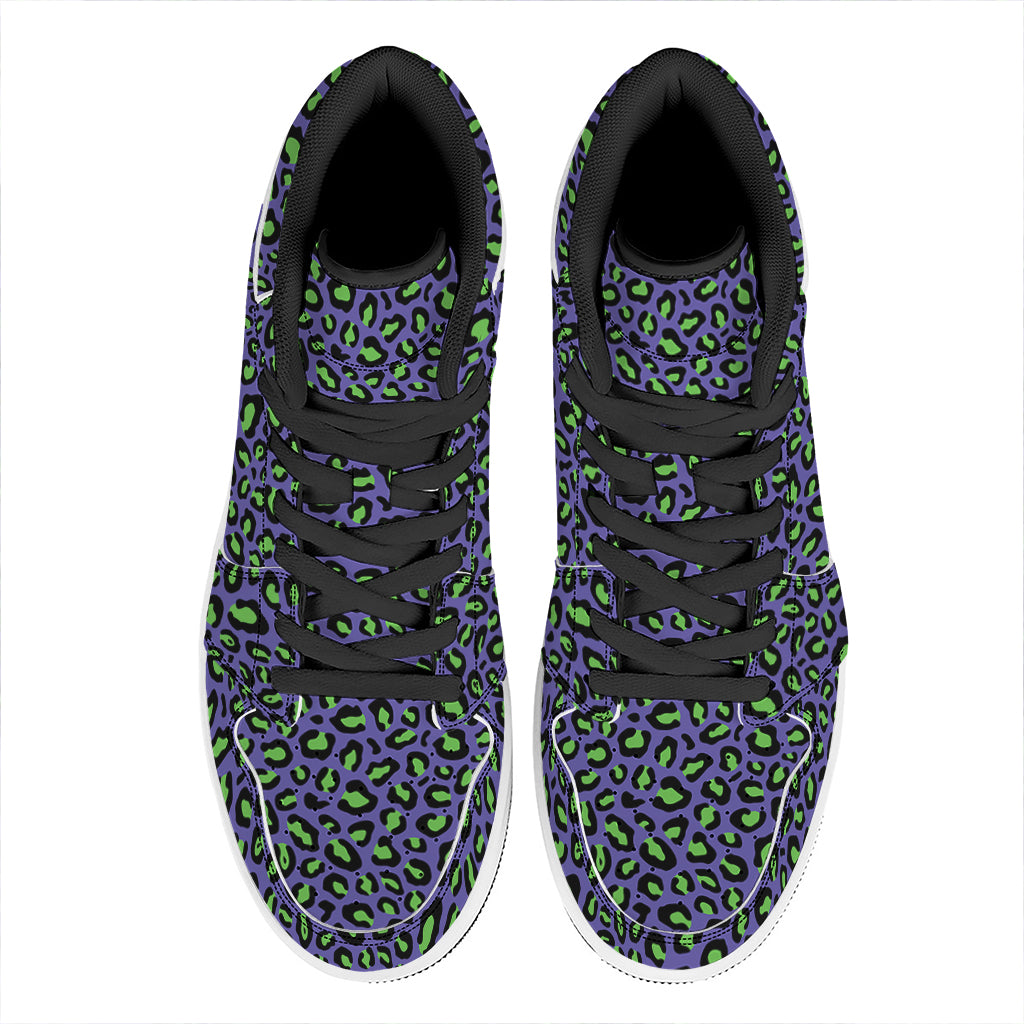 Purple And Green Leopard Pattern Print High Top Leather Sneakers