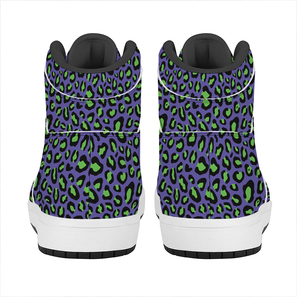 Purple And Green Leopard Pattern Print High Top Leather Sneakers