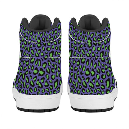 Purple And Green Leopard Pattern Print High Top Leather Sneakers