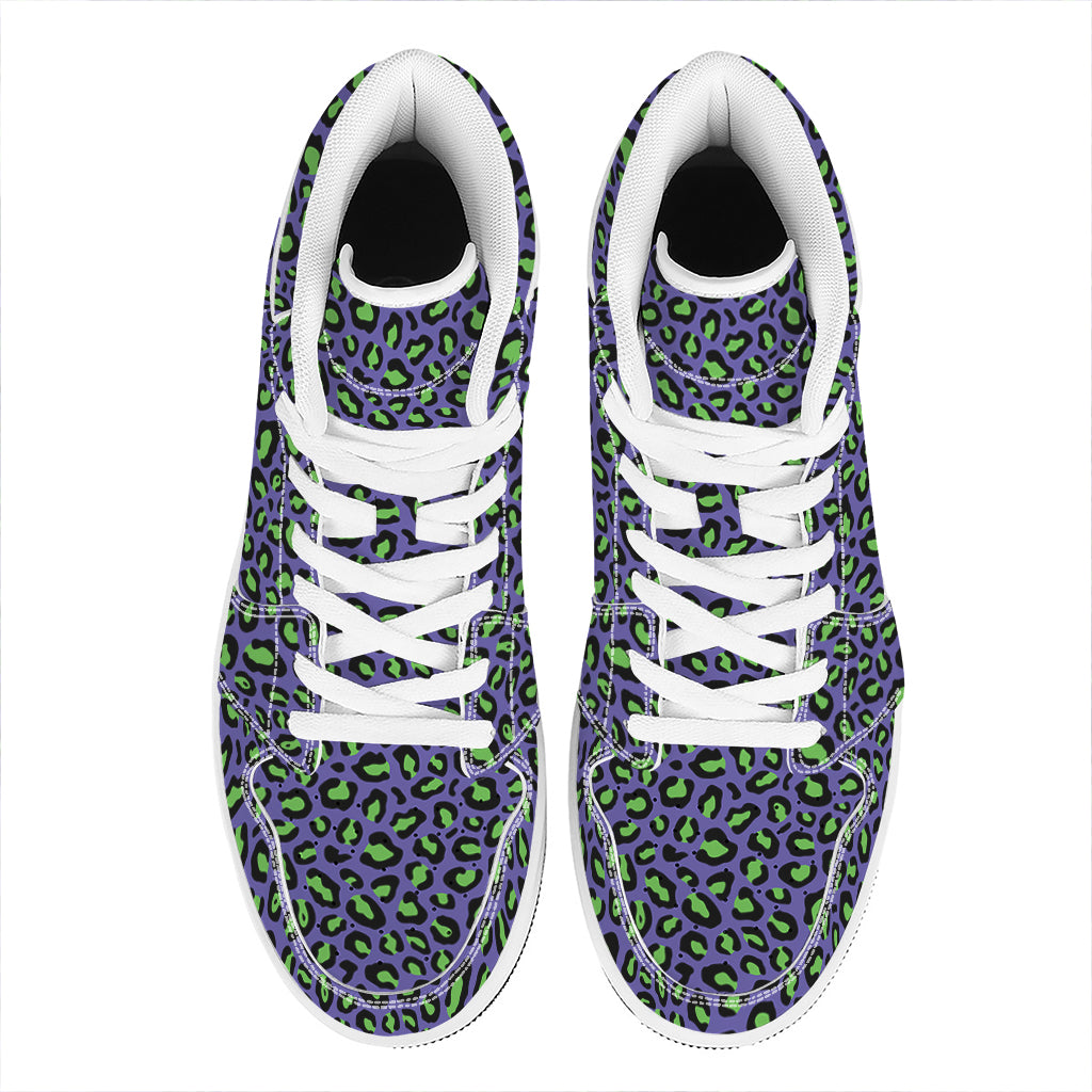 Purple And Green Leopard Pattern Print High Top Leather Sneakers