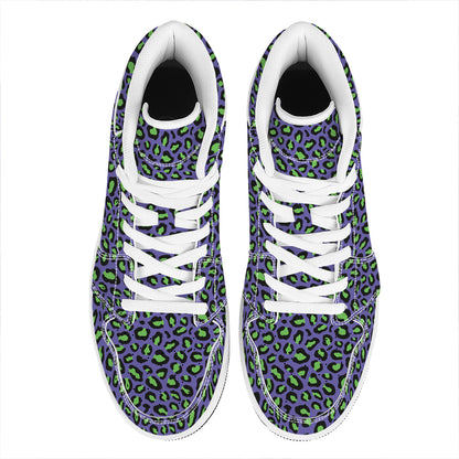 Purple And Green Leopard Pattern Print High Top Leather Sneakers