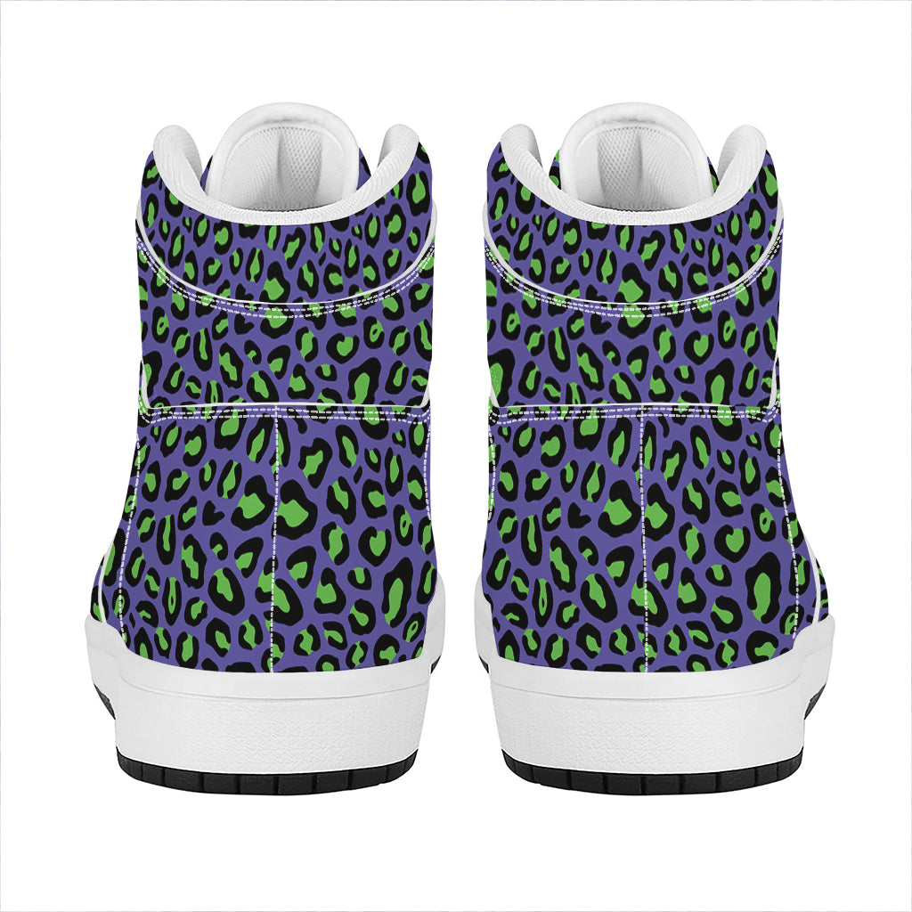 Purple And Green Leopard Pattern Print High Top Leather Sneakers
