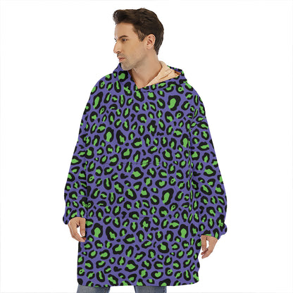 Purple And Green Leopard Pattern Print Hoodie Blanket