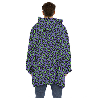 Purple And Green Leopard Pattern Print Hoodie Blanket