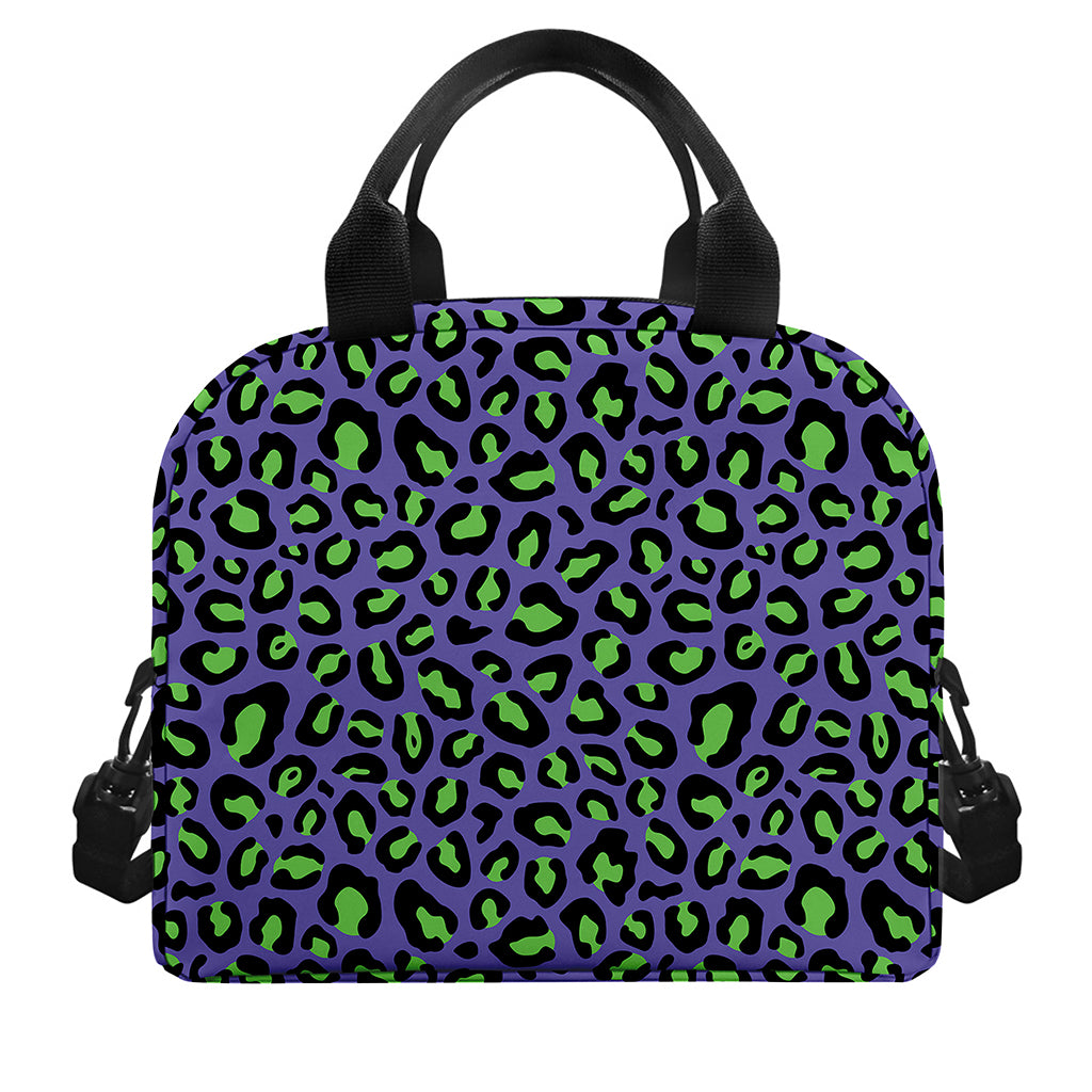 Purple And Green Leopard Pattern Print Insulated Lunch Bag