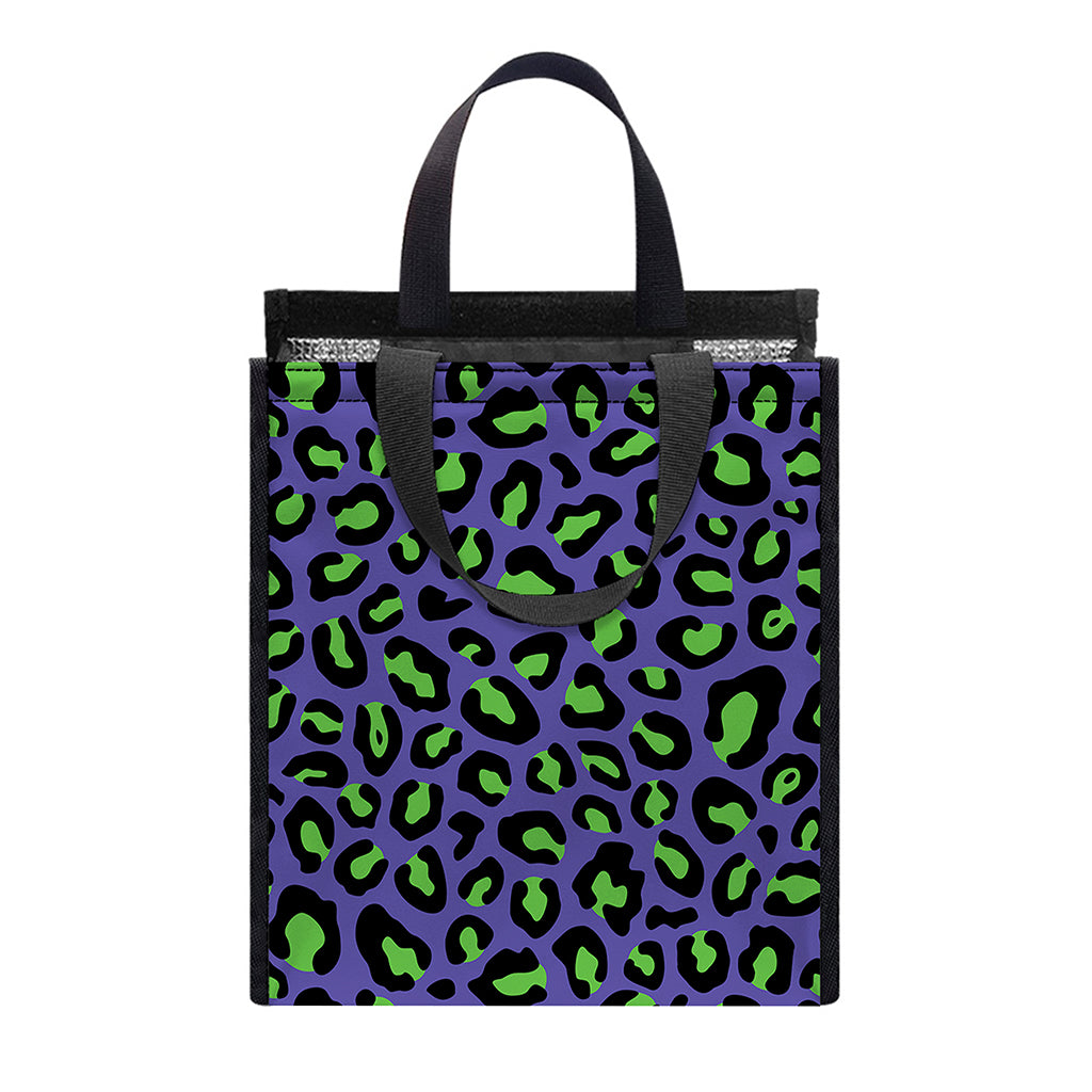 Purple And Green Leopard Pattern Print Insulated Lunch Tote