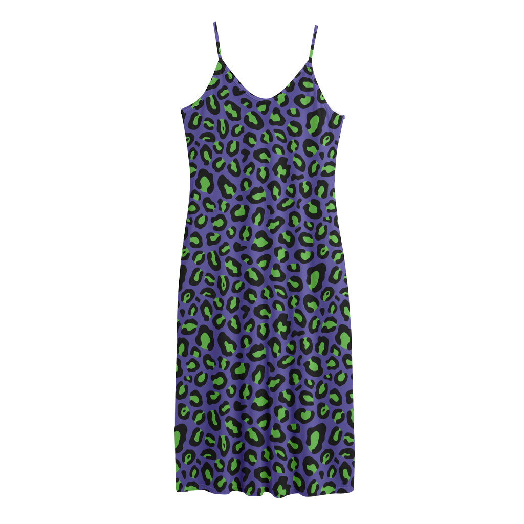 Purple And Green Leopard Pattern Print Jersey Midi Cami Dress