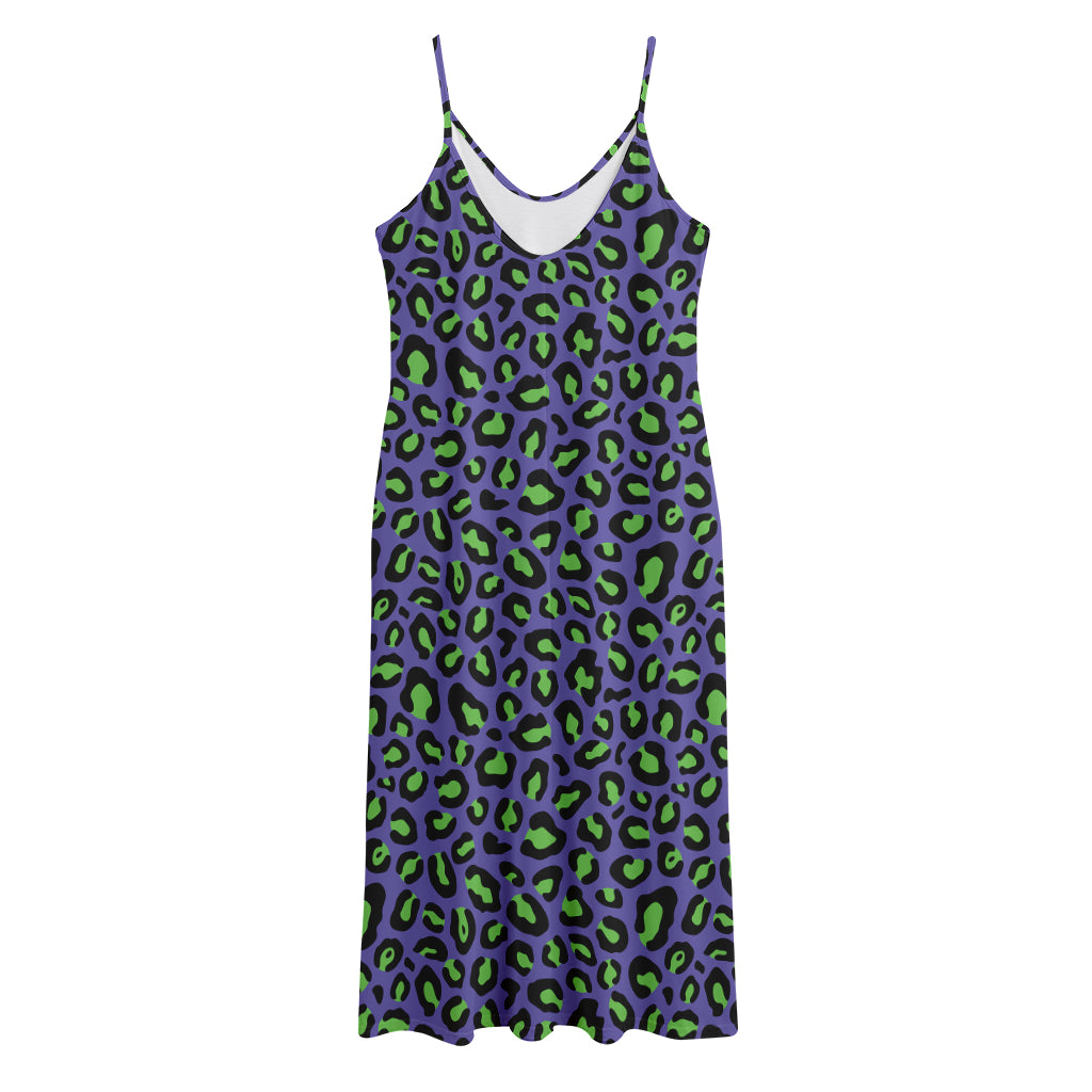 Purple And Green Leopard Pattern Print Jersey Midi Cami Dress