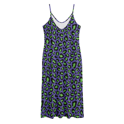 Purple And Green Leopard Pattern Print Jersey Midi Cami Dress