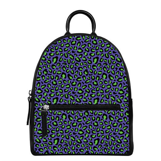 Purple And Green Leopard Pattern Print Leather Backpack