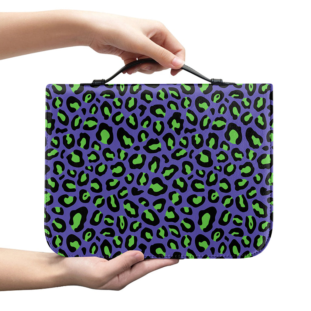 Purple And Green Leopard Pattern Print Leather Bible Cover